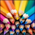 Color pencils pile in close up macro shot, wooden desk Royalty Free Stock Photo