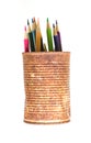 Color pencils in rusty tin can Royalty Free Stock Photo