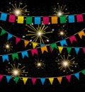 Color pennant bunting collection triangular and square red, yellow, blue, green, orange colors in night with color