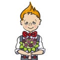 Color hand paint draw of a little smile boy with batterfly who wants to give a bouquet flowers to his teacher at school