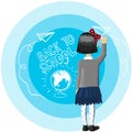 Little girl black hair stand near blue background, drowing and write white chalk, back to school, drawing paper airplane