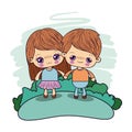 Color picture couple kawaii kids girl cryin and boy excited taken hands in forest Royalty Free Stock Photo