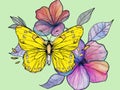 Color picture, flower with yellow butterfly. Raster, generative ai.