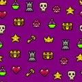Color Pixel Objects Games Seamless Pattern Background. Vector Royalty Free Stock Photo