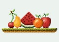 Color pixelated set collection fruits in meadow