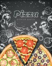 Color pizza poster. Savoury pizza ads with 3d illustration rich toppings dough on engraved style chalk doodle background