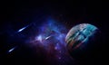 Color Planet in space and shining cameras, abstract space illustration, 3d image