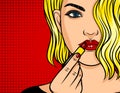 Color pop art comic style illustration. Blonde girl with red lipstick and wavy hair. Beautiful young woman is applying a ma Royalty Free Stock Photo