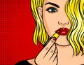 Color pop art comic style illustration. Blonde girl with red lipstick and wavy hair. Beautiful young woman is applying a ma