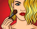 Color pop art comic style illustration. Girl with red lipstick on red dotted background. Beautiful young woman applying mak Royalty Free Stock Photo