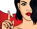 Color pop art comic style illustration. Girl with red lipstick on red dotted background. Beautiful young woman points finge