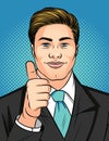 Color pop art style illustration of a man showing a like sign. Young attractive businessman holds thumb up