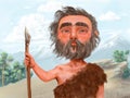 Illustration of a color portrait of a prehistoric ancient caveman wearing a spear and a bear skin. Against the backdrop of nature