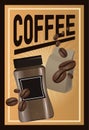 Color poster coffee with linear glow and glass container of coffee with handle and beans with package