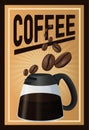 Color poster coffee with linear glow and glass jar of coffee with handle and beans