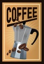 Color poster coffee with linear glow and metallic jar of coffee with handle and beans