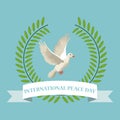 Color poster crown of leaves with label international peace day text around of pigeon flying