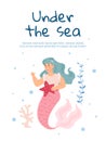 Color poster with cute girl mermaid with pink tail holding starfish in hand.