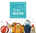 Color poster of enjoy vacation with luggage and cruise ship and cocktail and sunblock Royalty Free Stock Photo