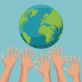 Color poster group of human hands trying to reach a earth world