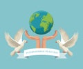 Color poster hands holding a earth world with pair pigeons flying with ribbon international peace day Royalty Free Stock Photo