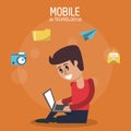 Color poster of mobile technology with man sitting with laptop computer and icons apps on top Royalty Free Stock Photo