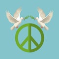 Color poster pair pigeons with olive branch in peak flying with peace and love symbol Royalty Free Stock Photo
