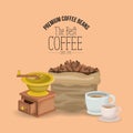 Color poster of premium coffee beans of the best coffee since 1970 with set bag porcelain cups and grinding with crank