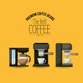 Color poster of premium coffee beans of the best coffee since 1970 with set coffe maker and espresso machine