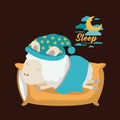 Color poster scene of sheep sleeping in pillow and bubble night landscape sleep time