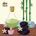 Color poster of spa center with bamboo plant and herbal essence bottle and lava stones and candle and towel