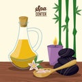 Color poster of spa center with bamboo plant and oil essence bottle and lava stones and candle