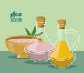 Color poster of spa center with bowl and set of essences bottles