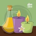 Color poster of spa center with set of candles and oil essence bottle