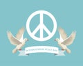 Color poster with white peace and love symbol and pair pigeons flying with ribbon international peace day