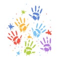 Color prints of children`s palms in the paint. Children`s hands on the wall Royalty Free Stock Photo