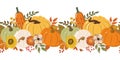 Color pumpkins and autumn leaves horizontal seamless background. Vector illustration Royalty Free Stock Photo