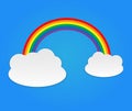 Color rainbow with clouds, sky. Vector cartoon illustration on blue. Summer symbol. Sticker, patch badge. Design for deco