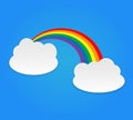Color rainbow with clouds, sky. Vector cartoon illustration isolated on blue. Summer symbol. Sticker, patch badge. Design for deco