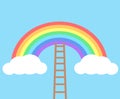 Color rainbow with clouds and wooden stairs on blue sky background