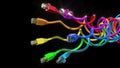 Color rainbow Lan cables connection ethernet on black bg 3d Royalty Free Stock Photo
