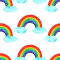 Color rainbow in watercolor, child`s drawing on a white background, seamless pattern