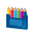 Color rainbow wooden pencils in blue box. Set of pencil for school and art. Colored crayons Vector illustration