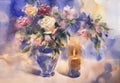 Color roses in a blue vase and candle watercolor background