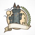 Color round castle logo emblem. Vector illustration.
