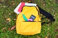 Color rucksack with school stationery on ground outdoors Royalty Free Stock Photo