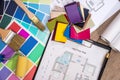 Color sampler with house plan and drawing tools. Royalty Free Stock Photo