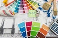 Color samples and blueprint as architecture, interior design and renovation concept. Workplace Architect