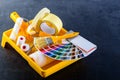Color samples catalog, brush, paint tray and paint rollers, diff