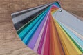 Color samples for painting on wooden table closeup Royalty Free Stock Photo
